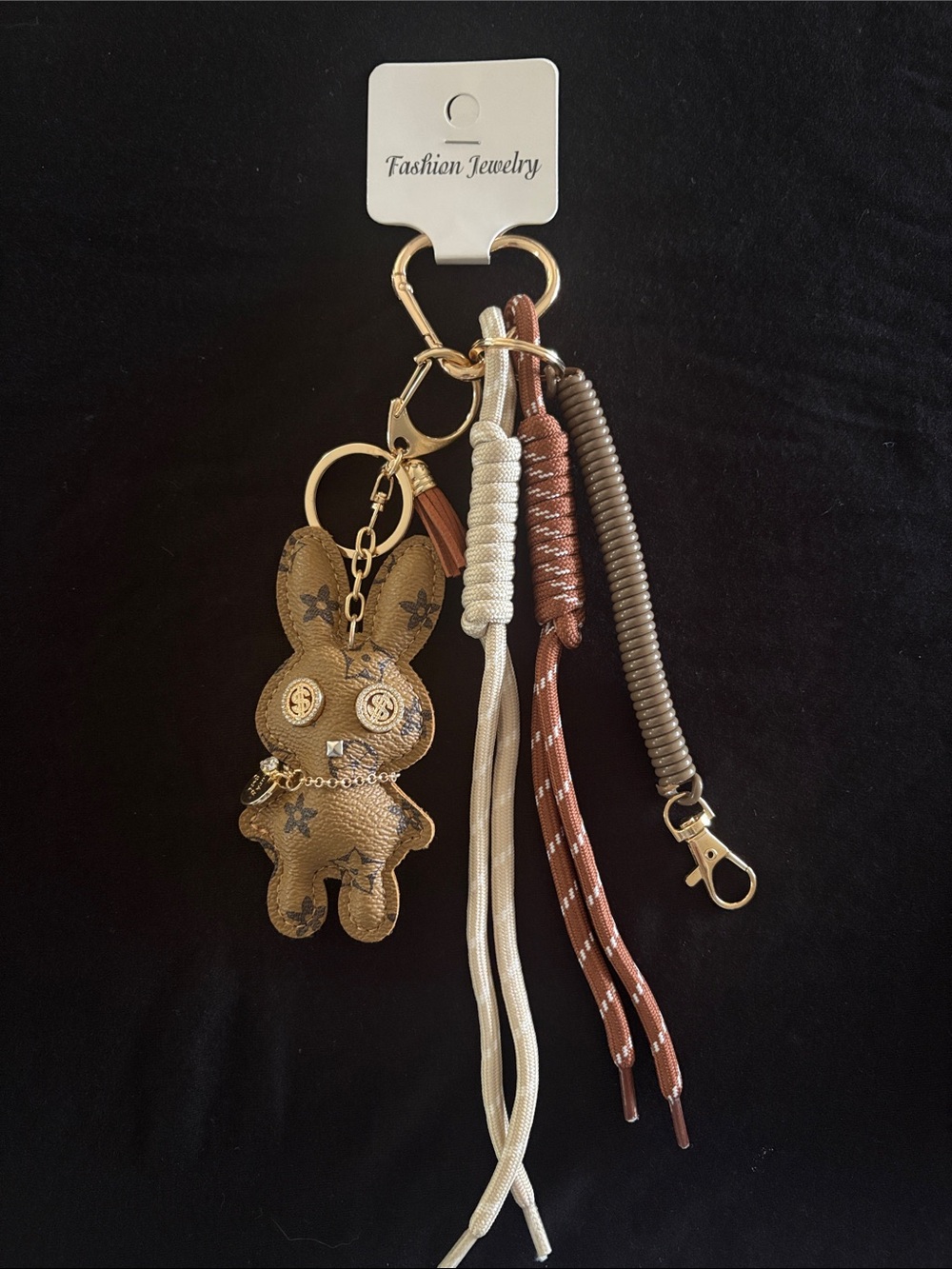 Gold Fashion Bunny Keychain Bag Charm with Leather-Look Charm and Tassels
